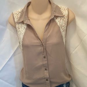 Beige Button-Up Blouse with White Lace & Gold Buttons